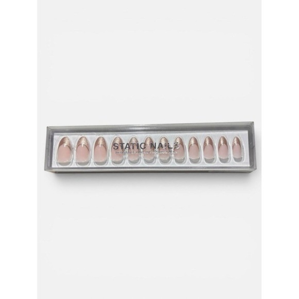 Static Nails Rose Gold Glitter French Tip Reusable‎ Pop-On Manicure Med Almond